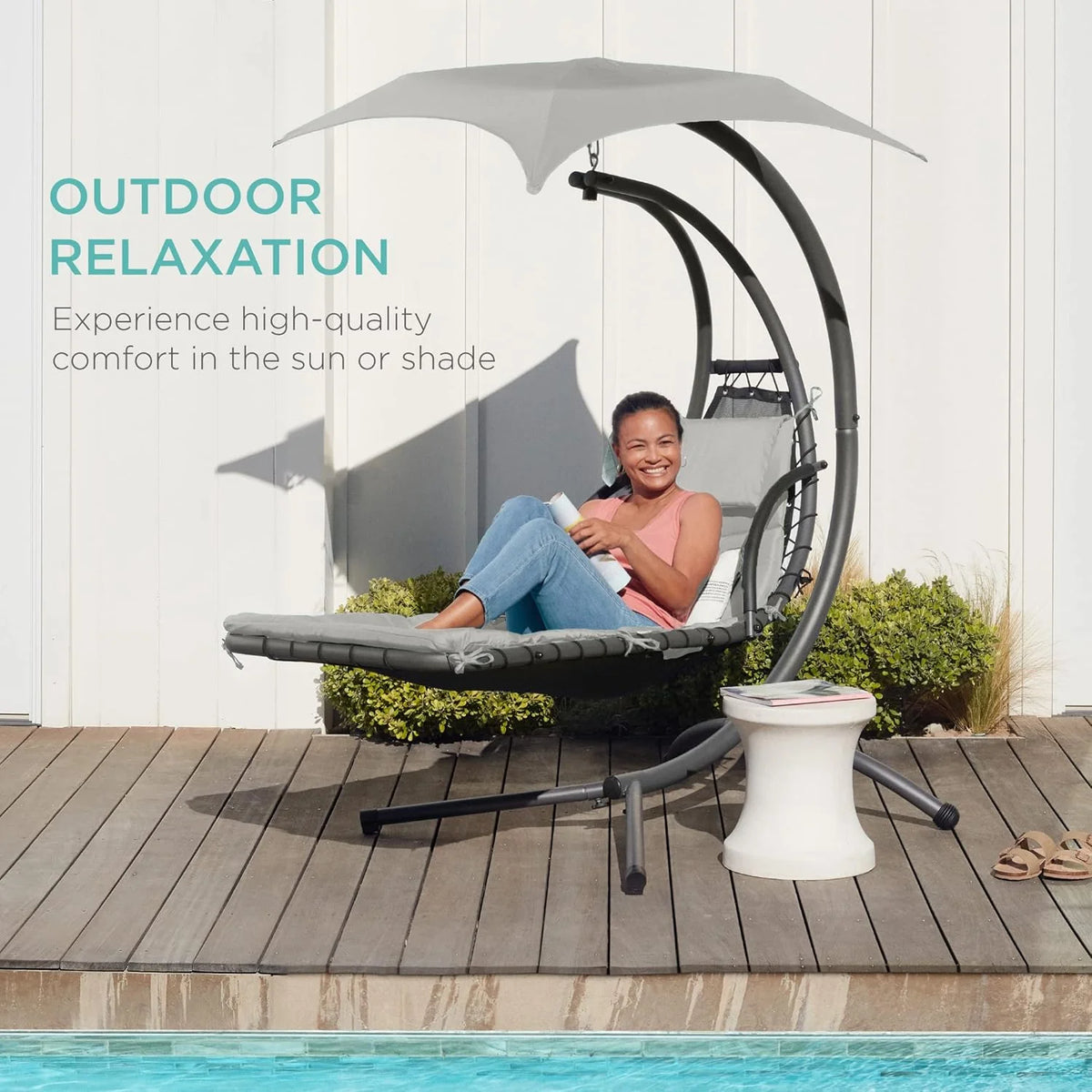 Best Choice Products Outdoor Hanging Curved Steel Chaise Lounge Chair Swing w/Built-in Pillow and Removable Canopy - Charcoal Gray