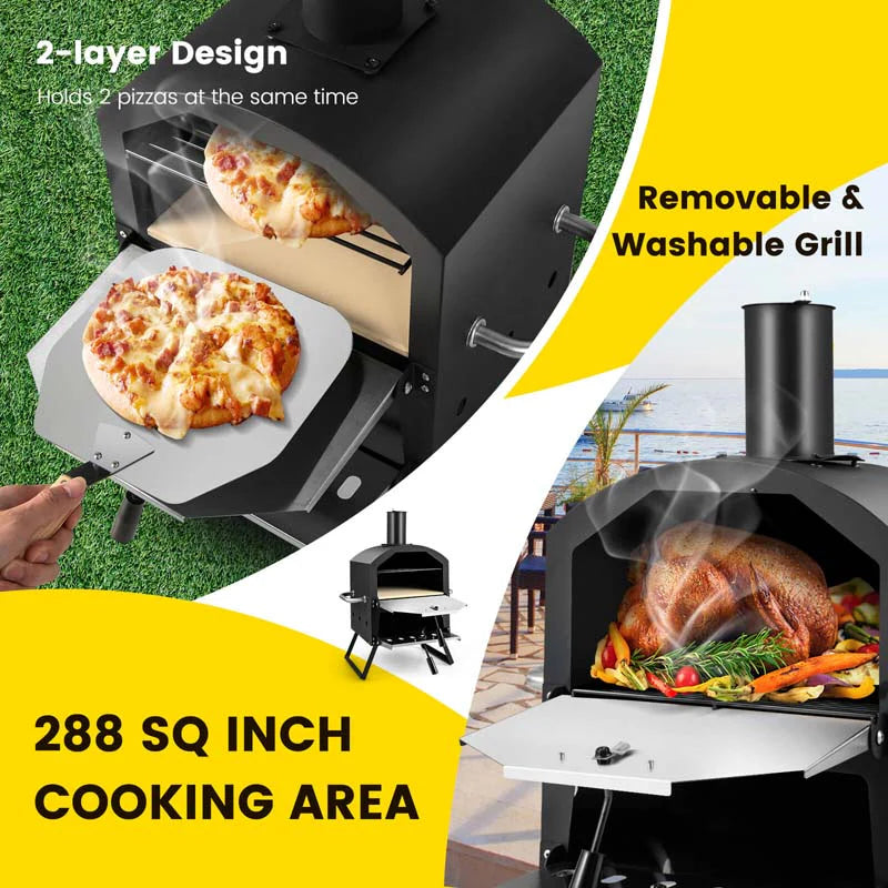 2-Layer Outdoor Pizza Oven Wood Fired for Camping BBQ, Stainless Steel Portable Grill Pizza Maker with Folding Legs