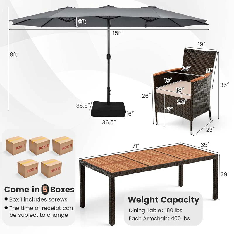 10Pcs Patio Rattan Dining Set with 15FT Double-Sided Umbrella, Heavy Duty Acacia Wood Table & Stackable Wicker Chairs
