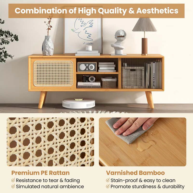 Mid Century Modern TV Stand for TVs up to 55", Bamboo Entertainment Center Media Console with Rattan & Glass Sliding Doors, Adjustable Shelf