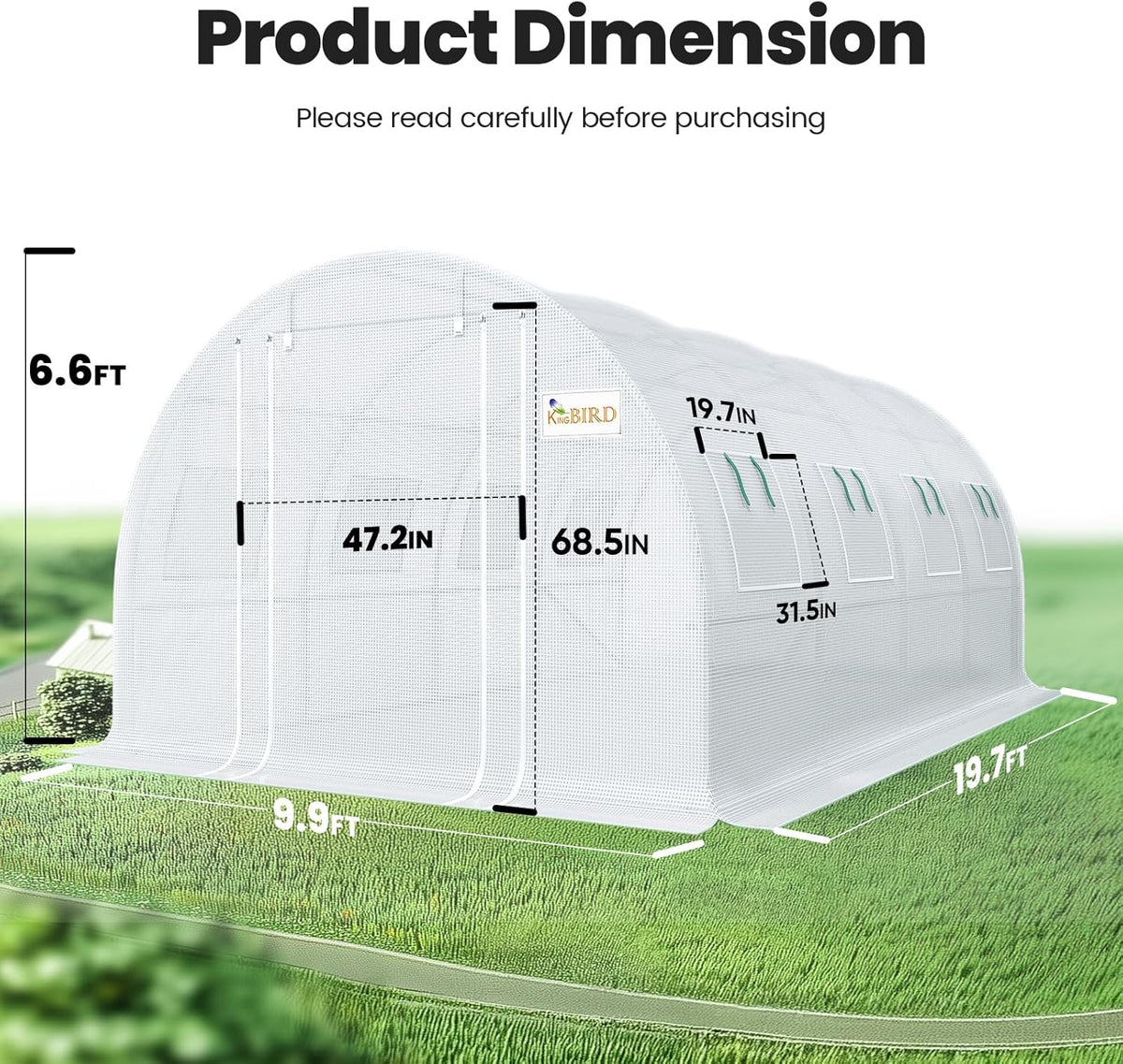 KING BIRD Premium 20x10x6.6FT Greenhouse for Outdoors  Large Walk-in Upgraded Galvanized Metal Frame  Mesh Door Screen Window Improved Zipper Tunnel Hoop for Garden Plant Winter  2 Stiffeners  White