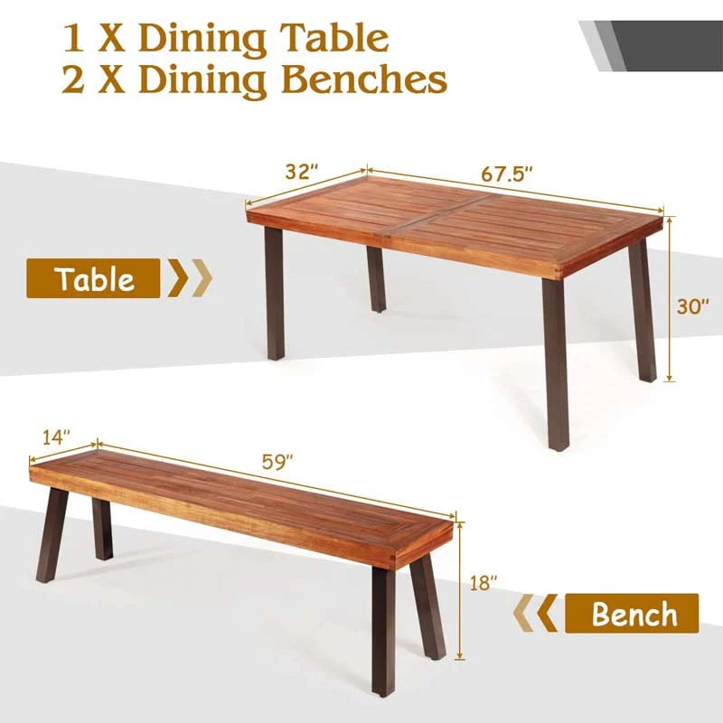 3 Pcs Rustic Acacia Wood Patio Dining Table Set with 2 Benches, Outdoor Picnic Table Bench Set with Umbrella Hole