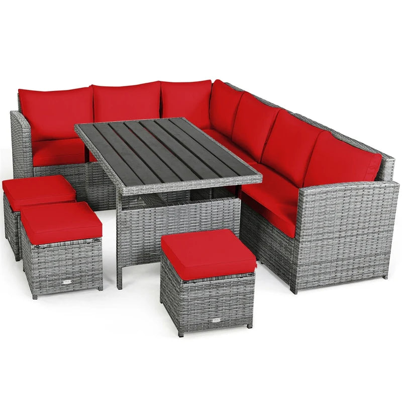 7 PCS Resin Wicker Outdoor Sectional Sofa Set Rattan Patio Seating Group with Dining Table, Ottomans & Cushions
