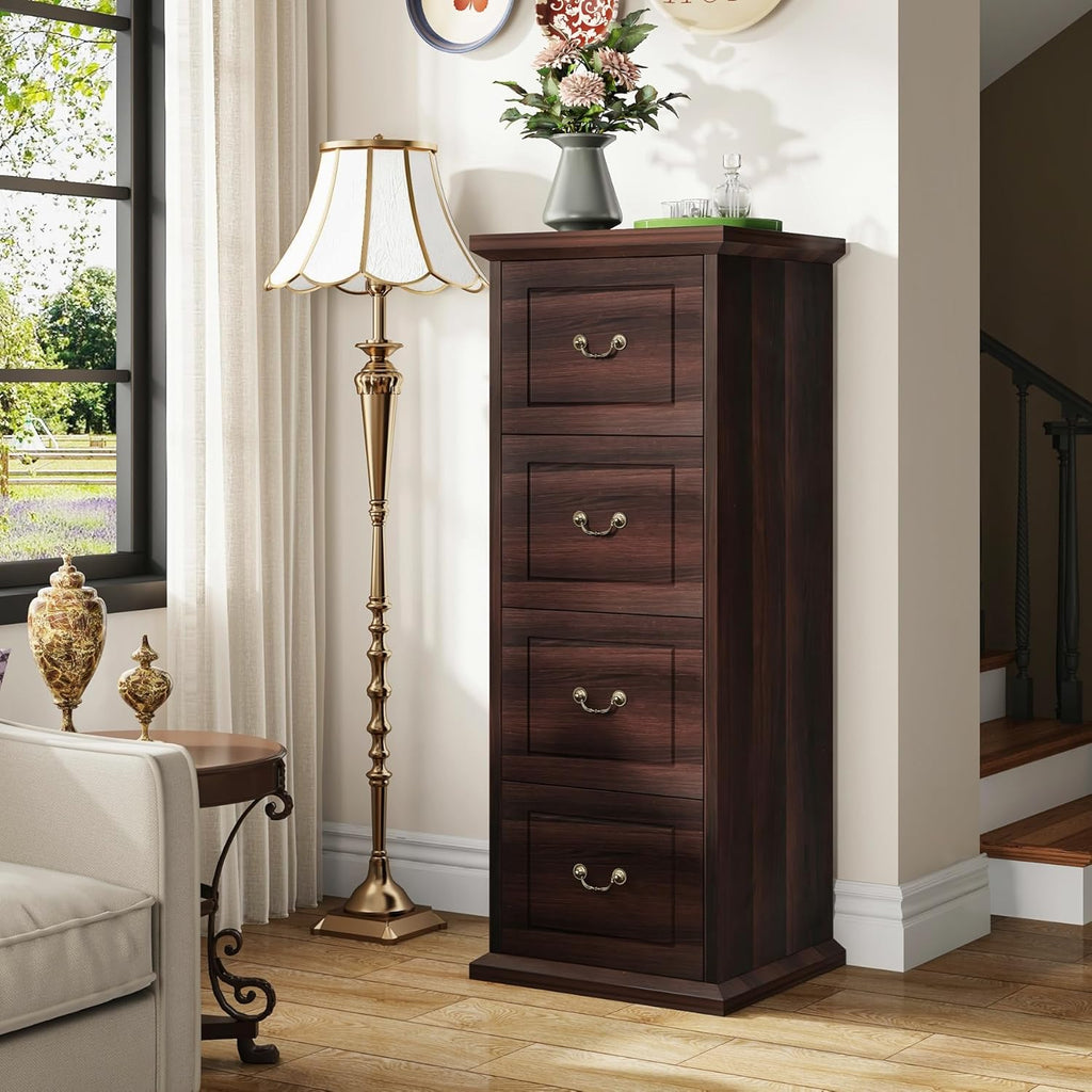 Tribesigns 4-Drawer File Cabinet, Vertical Wood Filing Cabinet for A4/Letter/Legal Size, Tall File Storage Printer Stand with Hanging Rails for Home Office, Classic Dark Walnut Finish