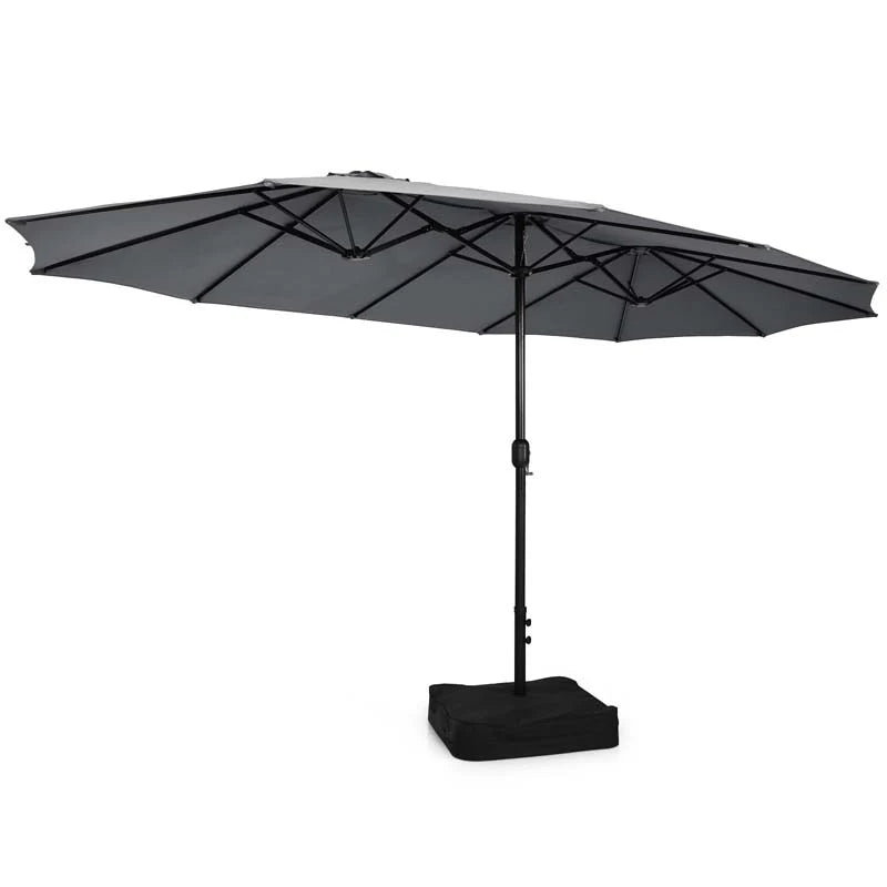 10Pcs Patio Rattan Dining Set with 15FT Double-Sided Umbrella, Heavy Duty Acacia Wood Table & Stackable Wicker Chairs