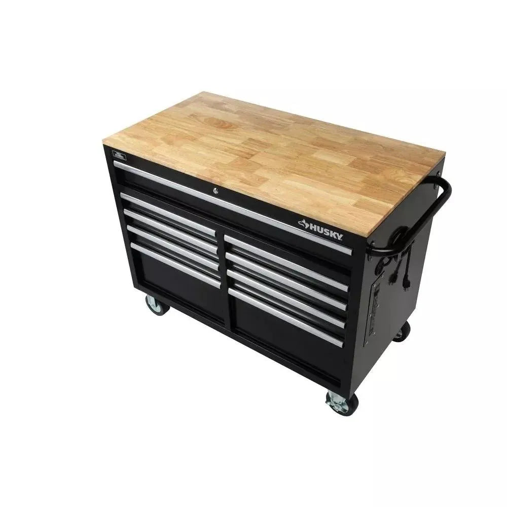 Gloss Black 46��� 9-Drawer Mobile Tool Chest Workbench with Wood Top & Power Strip