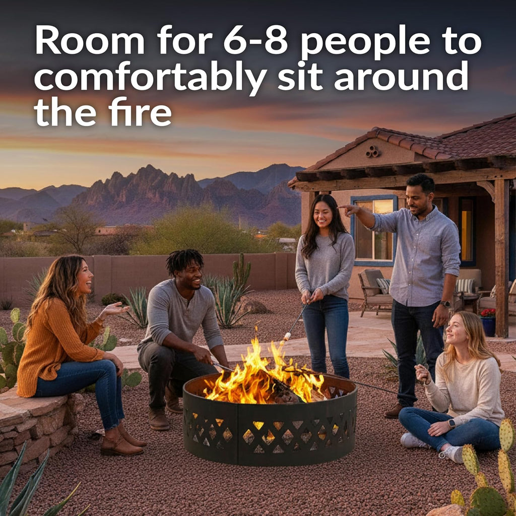 Sunnydaze 36-Inch Outdoor Fire Pit Ring with Poker - Round Heavy-Duty Steel Fire Ring for Camping or Backyard - Crossweave - 12" H
