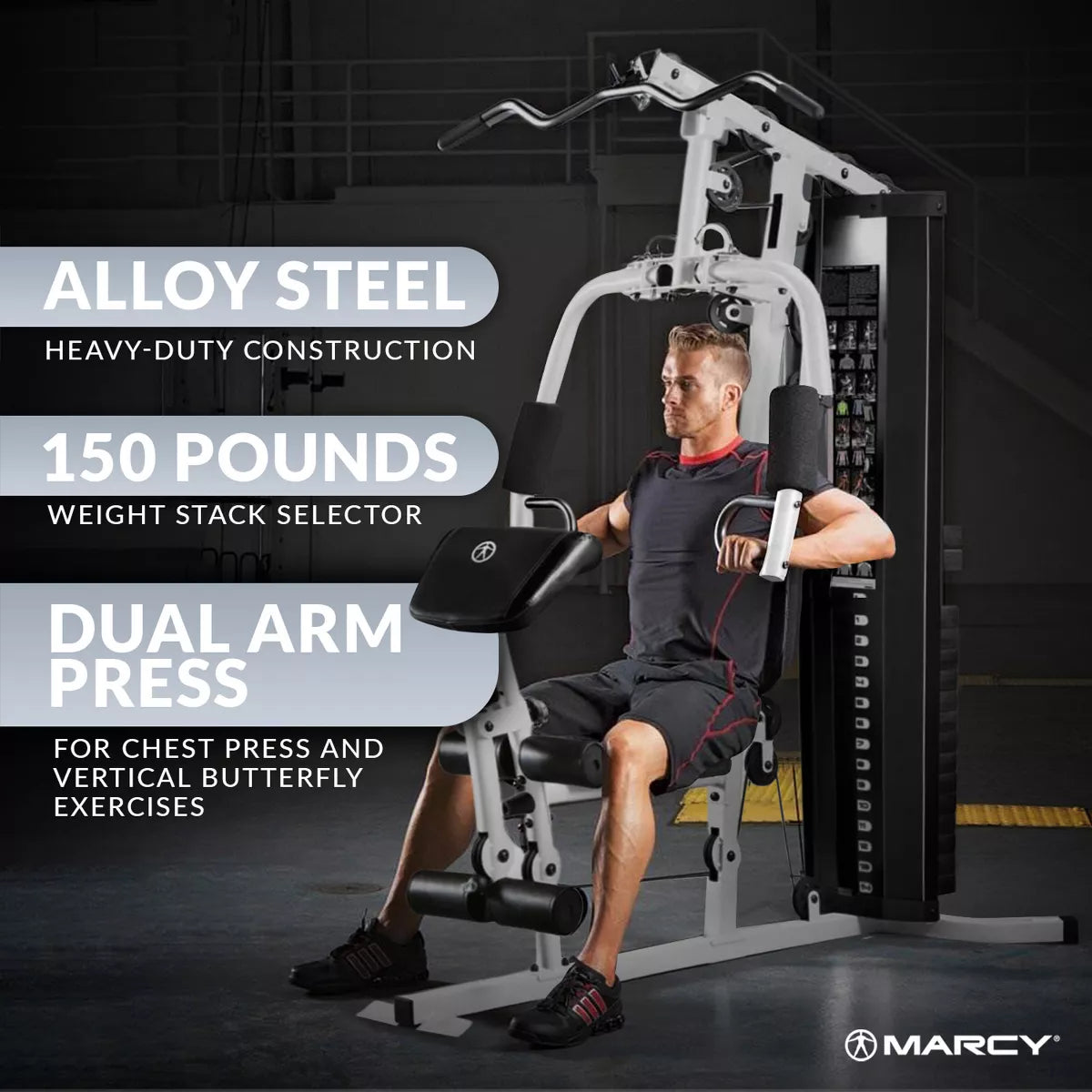 Marcy 150-Pound Stack Home Gym, Dual-Function Arm Press & Leg Developer, Full Body Workout, Black/White