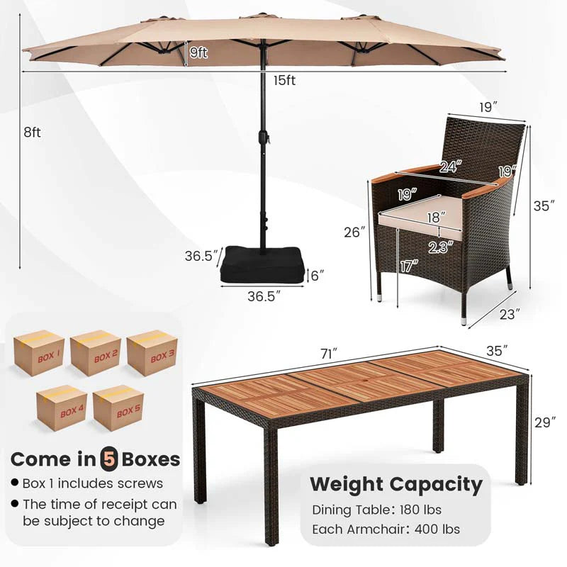 10Pcs Patio Rattan Dining Set with 15FT Double-Sided Umbrella, Heavy Duty Acacia Wood Table & Stackable Wicker Chairs