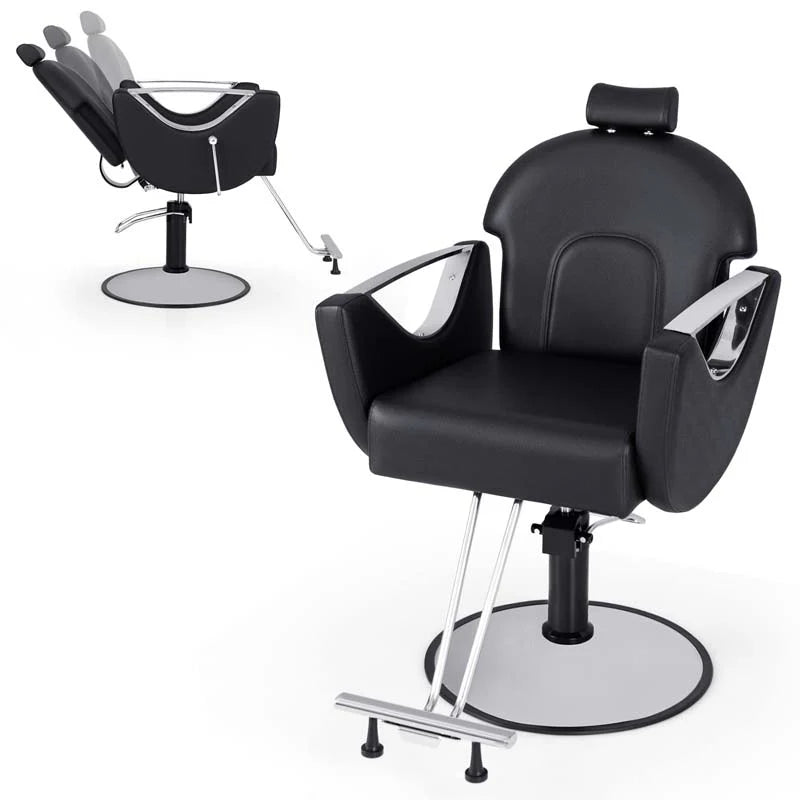 Reclining Barber Chair, 360�� Swivel Salon Chair with Heavy Duty Hydraulic Pump, Adjustable Height & Headrest for Hair Styling, Makeup, Tattoo