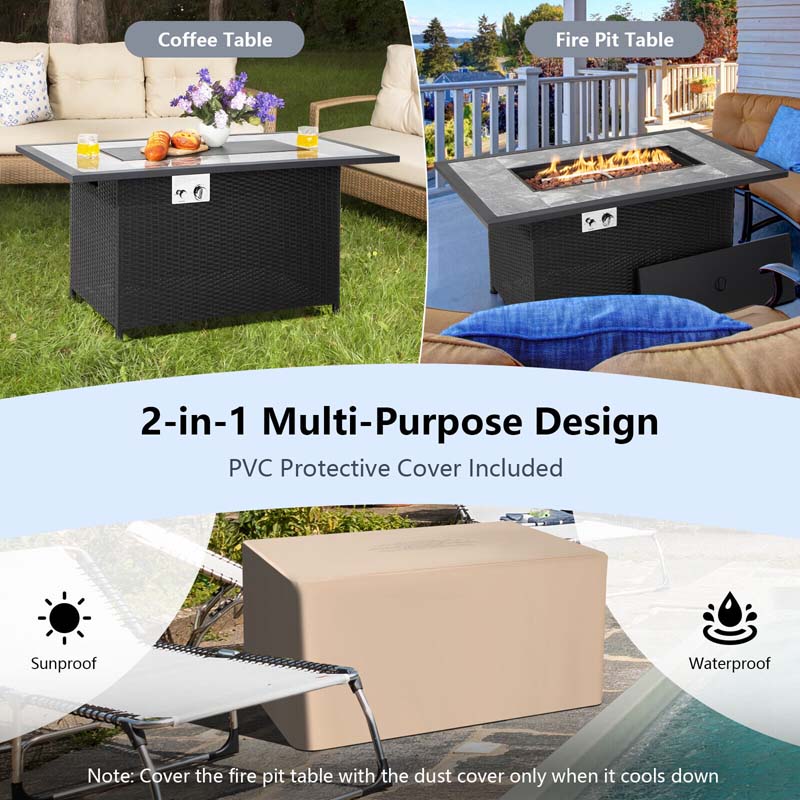 52" 50000 BTU Rattan Outdoor Propane Gas Fire Pit Table with Marble Tabletop, Lava Rocks & PVC Cover