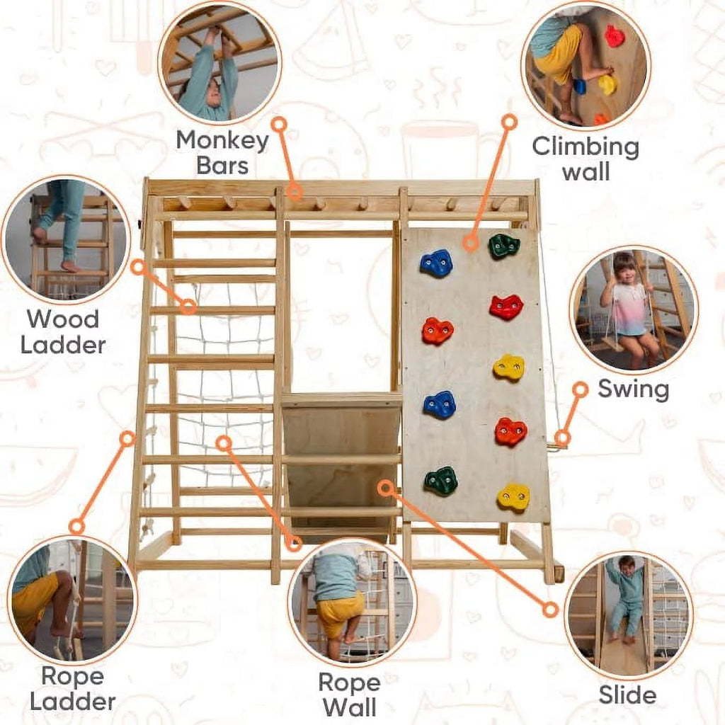 Avenlur Magnolia Indoor Playground 6-in-1 Jungle Gym Montessori Waldorf Style Wooden Climber Playset Slide, Rock Climbing Wall, Rope Wall Climber, Monkey Bars, Swing for Toddlers, Children Kids 2-8yrs