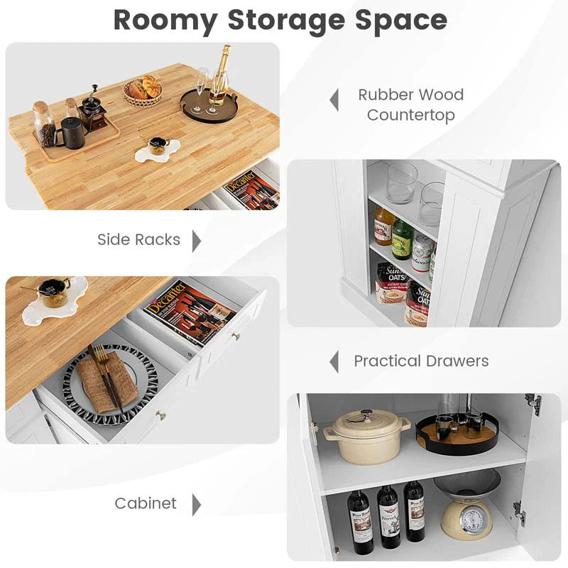 47" x36" x36" Rubber Wood Top Kitchen Island with Drop Leaf, 2 Drawers, Kitchen Storage Cabinets, Spice Racks, Adjustable Shelves