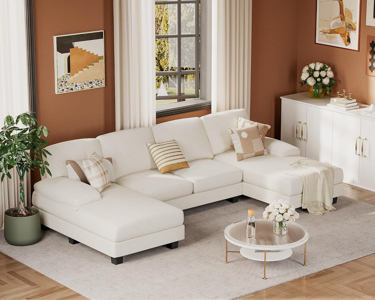 Sectional Couches for Living Room, U Shaped Couch with Chenille Fabric, 4 Seat Modern Sofa with Removable Pillows for Apartment and Small Space (Fabric, Grey)