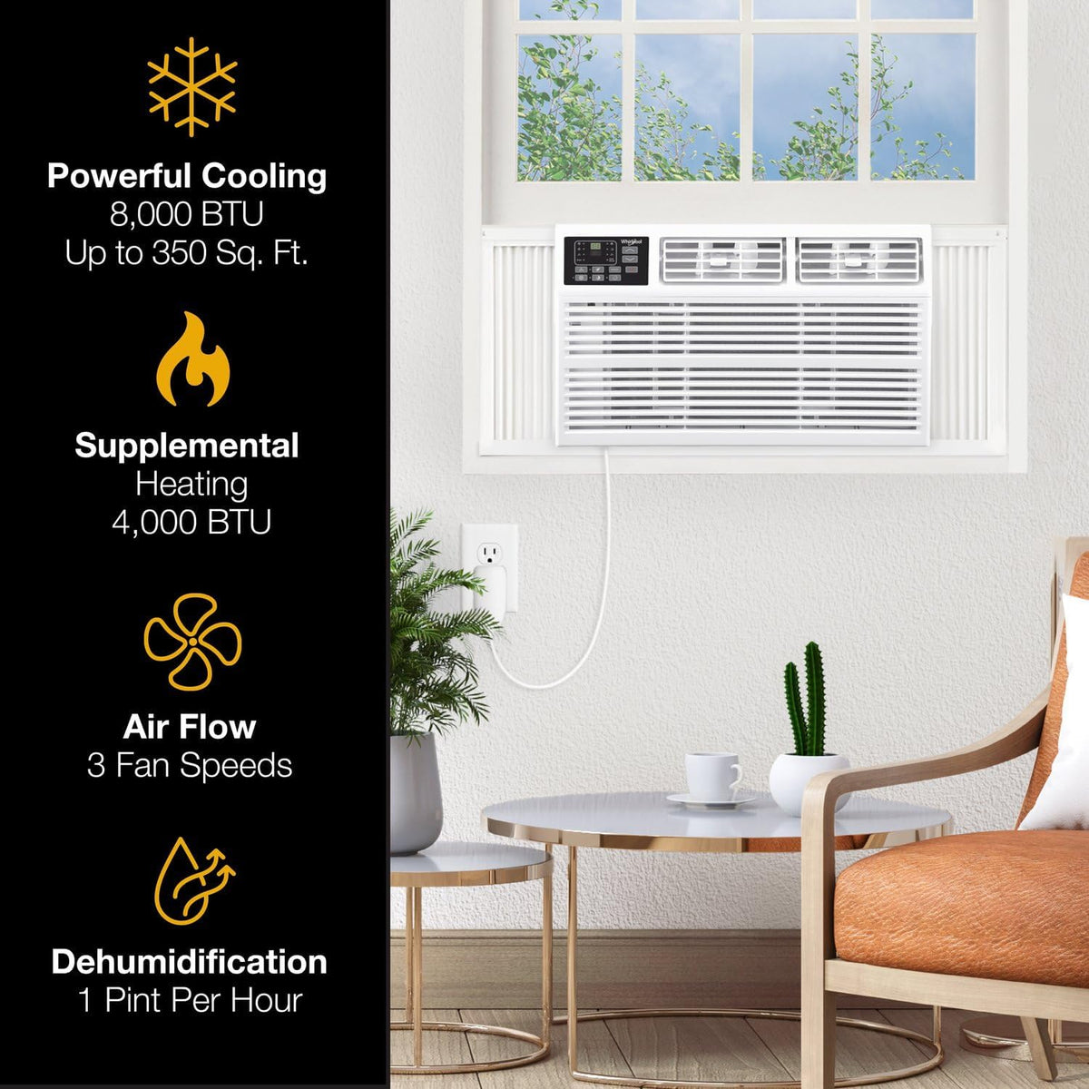 Whirlpool 8,000 BTU Window Air Conditioner with Supplemental Heat, Window Mounted AC Unit with Heater for Apartment, Living Room, Bedroom, Rooms up to 350 Square Feet