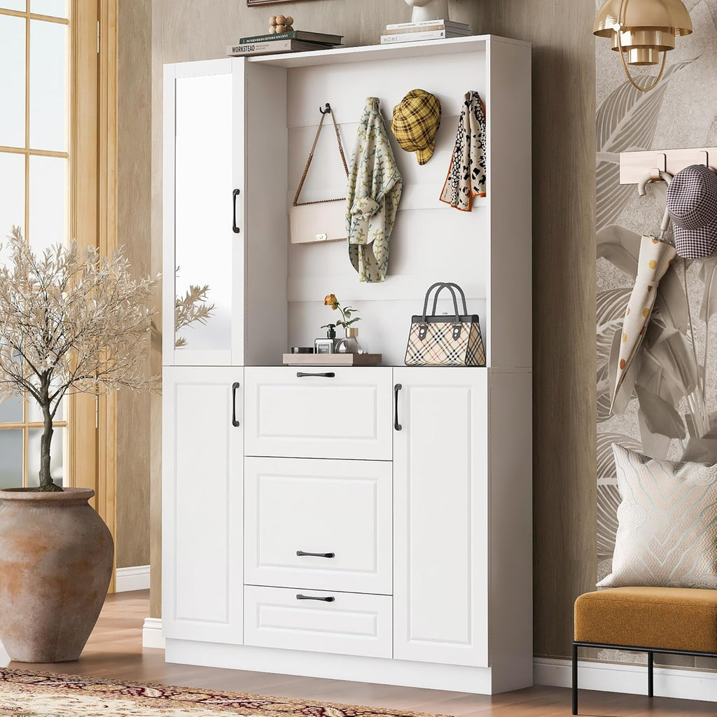 51.1''Hall Tree, Entryway Bench with Integrated Shoe Cabinet,3-in-1 Design, Mirrored Cabinet Door and Foldable Seat for Entrance, Living Room