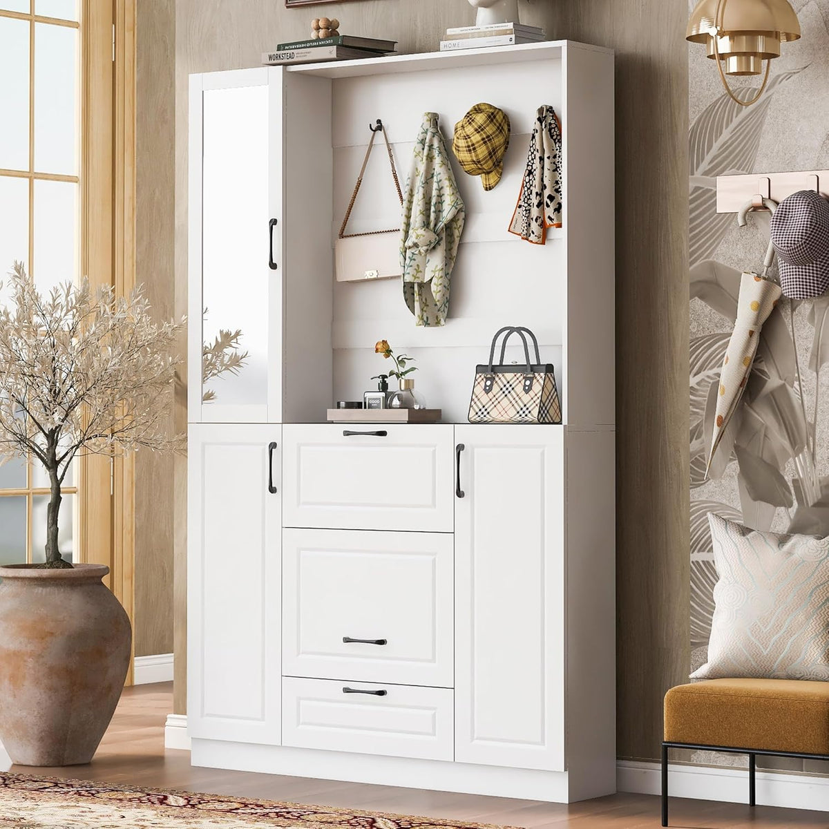 51.1''Hall Tree, Entryway Bench with Integrated Shoe Cabinet,3-in-1 Design, Mirrored Cabinet Door and Foldable Seat for Entrance, Living Room