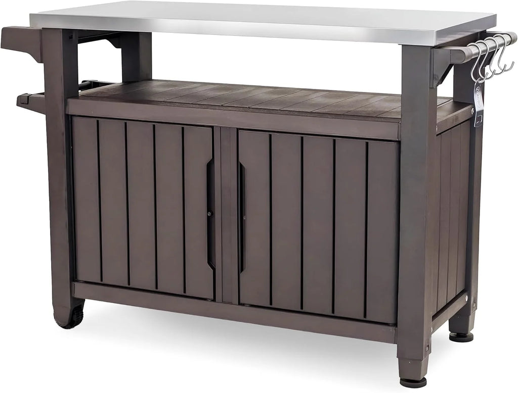 Keter Outdoor Rolling Table Cart for Food Prep, Storage, Bar & Grill, Dark Brown