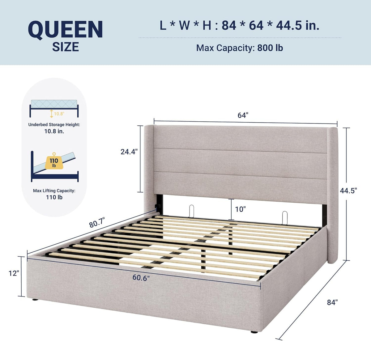 Allewie Queen Size Lift Up Storage Bed, Modern Wingback Headboard, Hydraulic Support, No Box Spring Needed, Light Beige
