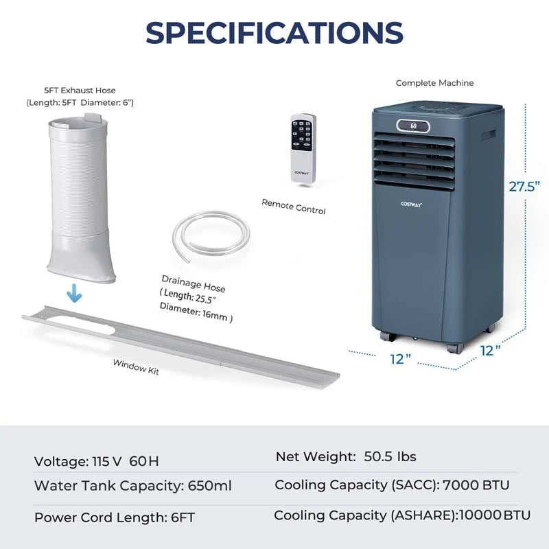 10000 BTU 3-in-1 Portable Air Conditioner Air Cooler Fan Dehumidifier with Remote Control, 24H Timer, Child Lock