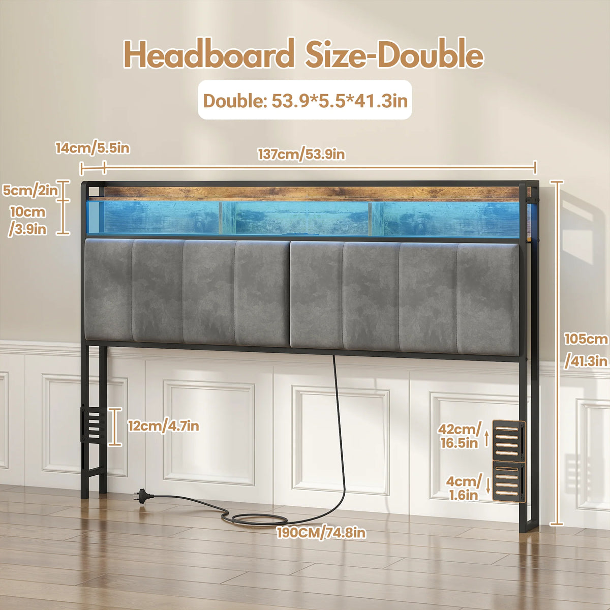 Storage Headboard Upholstered with Charging Station