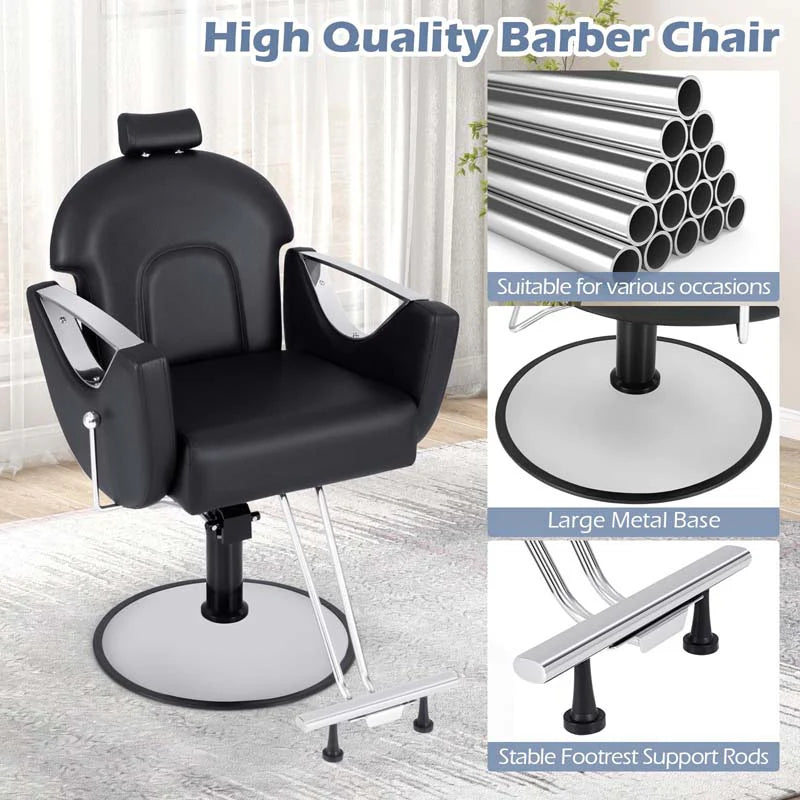 Reclining Barber Chair, 360�� Swivel Salon Chair with Heavy Duty Hydraulic Pump, Adjustable Height & Headrest for Hair Styling, Makeup, Tattoo