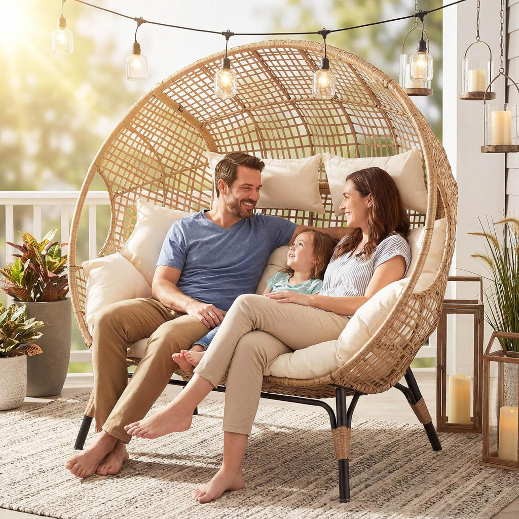 NICESOUL® Double Egg Chair Indoor Outdoor Stationary Oversized 6.5" Thick Padded Cushions 2 Person Egg Wicker Loveseat Chair 680 lbs Extra Large Lounge Chair for Patio Balcony Porch Backyard Beige