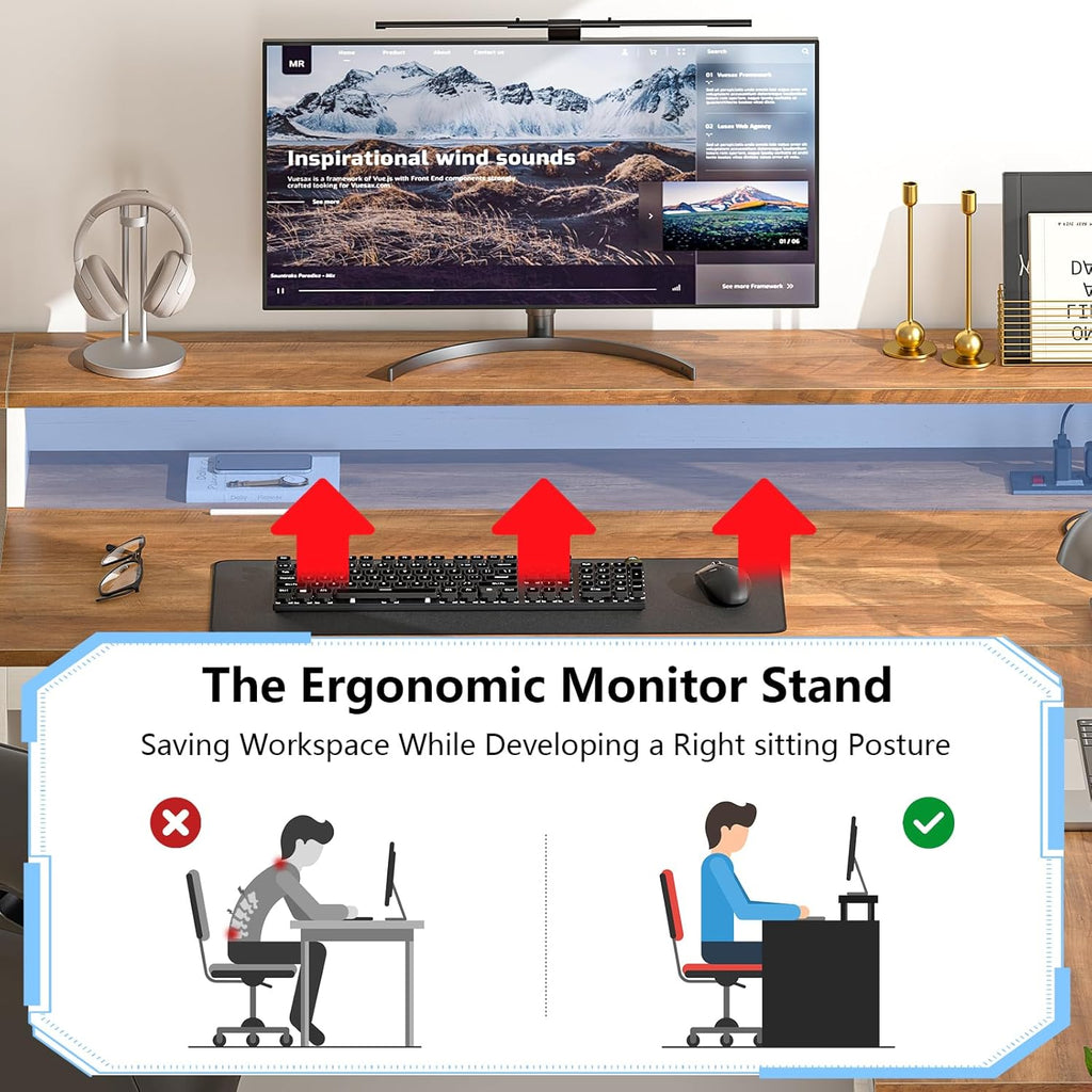 63" Farmhouse L Shaped Executive Desk with Drawers & Storage Shelf, Corner Computer Desk with Power Outlets, L Shaped Office Desk with Monitor Stand, Printer Shelf, Antique White