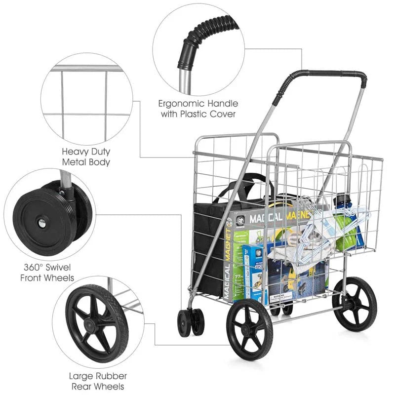 Jumbo Folding Shopping Cart Large Rolling Grocery Utility Cart with Double Basket & 360° Swivel Wheels