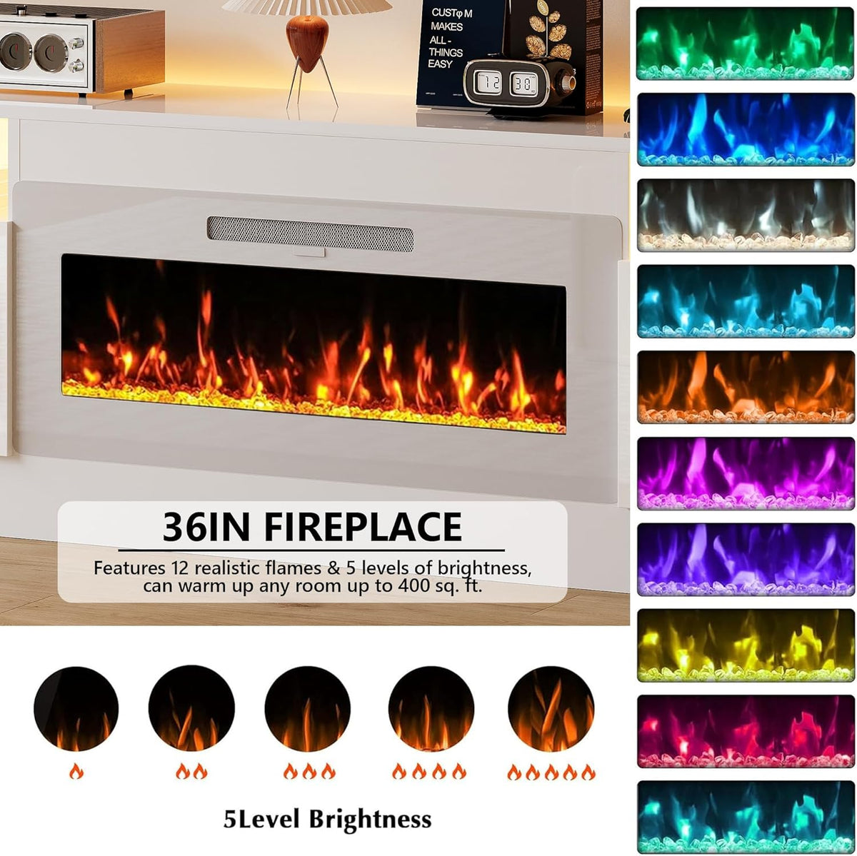 Fireplace TV Stand with 36’’ Electric Fireplace, 70'' TV Media Entertainment Center with Fireplace Up to 80 inch,Modern LED TV Console with High Gloss Cabinet for Living Room