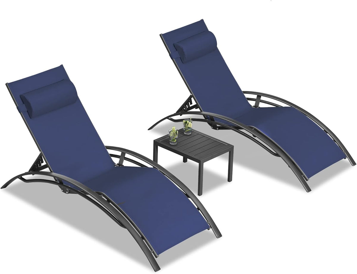 PURPLE LEAF Patio Chaise Lounge Set Outdoor Beach Pool Sunbathing Lawn Lounger Recliner Outside Tanning Chairs with Arm for All Weather Side Table Included Navy Blue