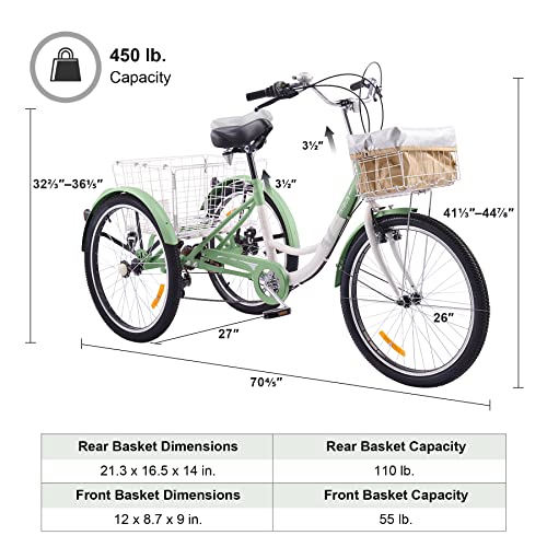 Viribus Adult Tricycle 7-Speed, 24′′ Wheels, High Carbon Steel Frame, Front & Rear Baskets, Adjustable Saddle