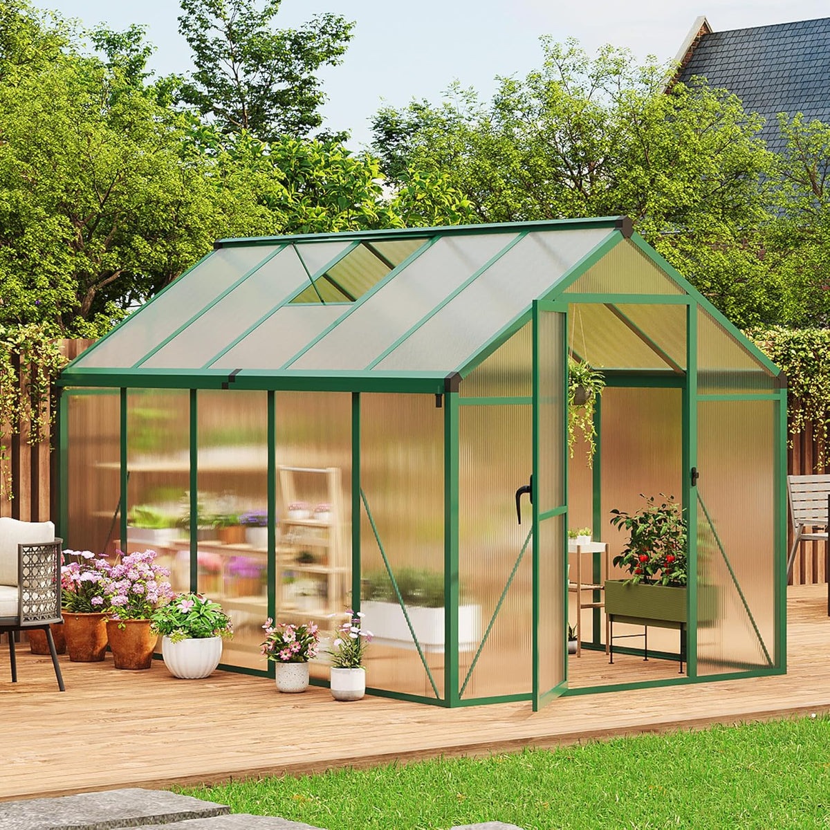 6 x 10 ft Greenhouse  Greenhouses for Outside  Polycarbonate Greenhouse with Aluminum Frame  Lockable Door and Ajustable Roof Vent for Backyard  Green Houses for Outside Garden Backyard  Patio