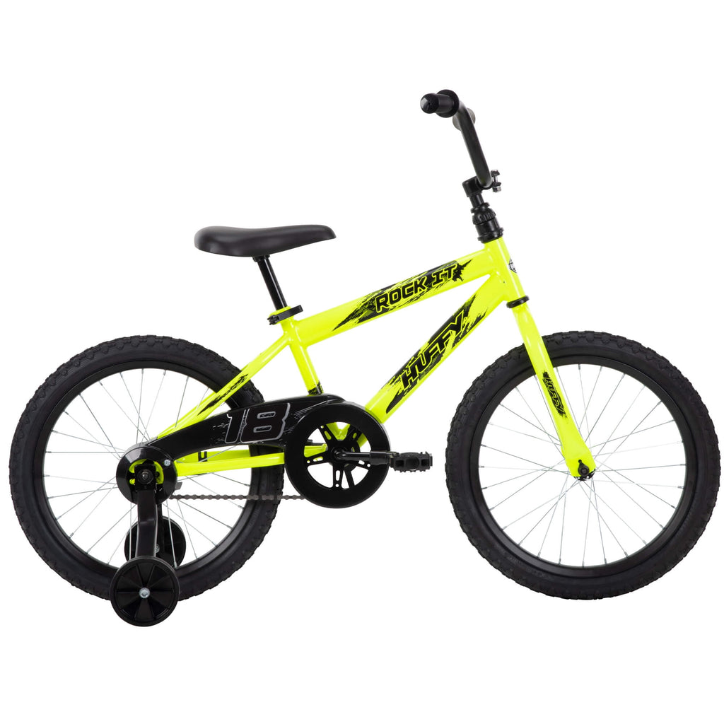 Huffy Rock It 18��� Kids Bicycle, Neon Yellow, Single-Speed, Training Wheels, Ages 5+, Steel Frame
