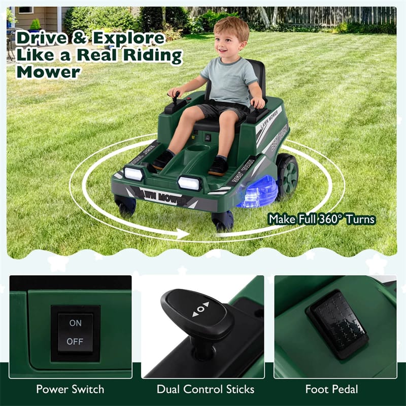 12V Kids Ride-On Lawn Mower with 360�� Twist & Turn, Dual Control Sticks, LED Lights, Toddler Electric Car Toy for Boys & Girls Aged 3-8