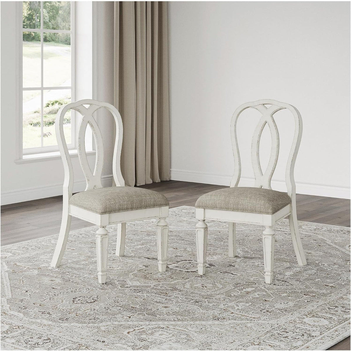 Signature Design by Ashley Realyn French Country Ribbon Back Dining Chair, 2 Count, Chipped White