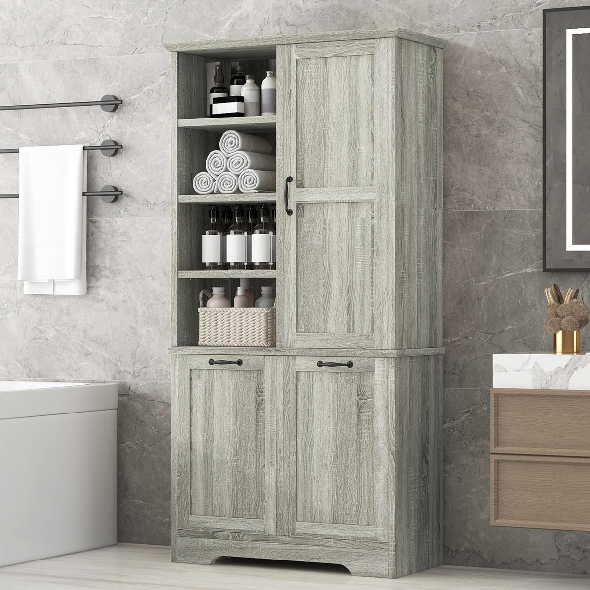 SOFTSEA 68" Double Tilt Out Laundry Hamper Cabinet, Tall Hidden Laundry Basket Cabinet with 3 Doors & Adjustable Shelf, Freestanding Bathroom Storage Cabinet for Laundry Room Kitchen, Wash Oak