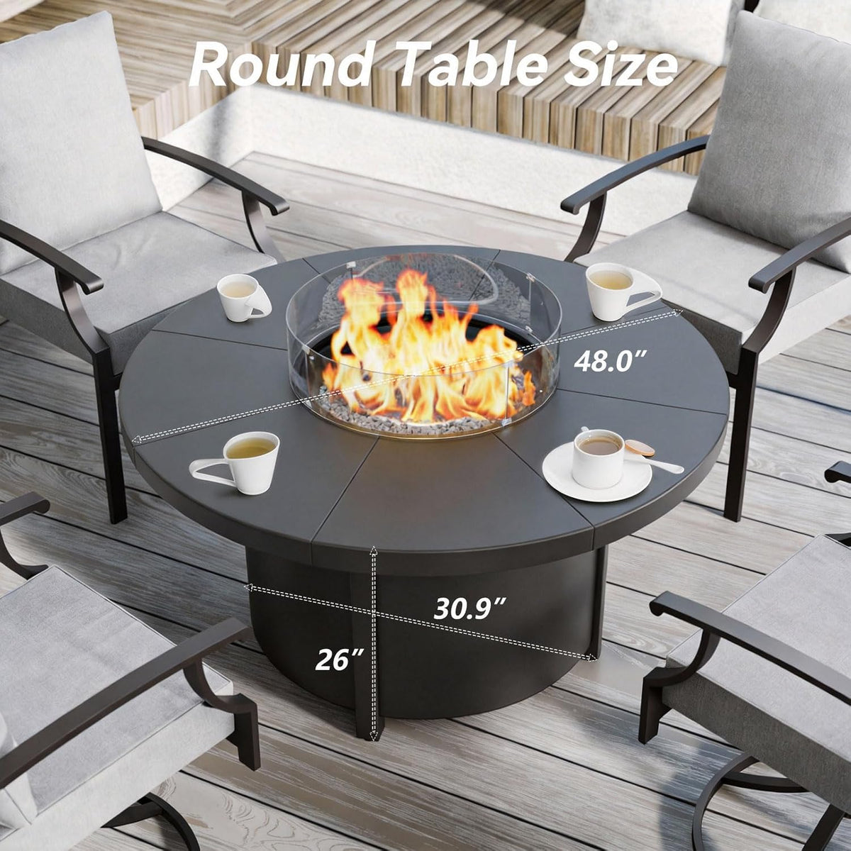 48" Round Propane Fire Pit,Steel Tabletop Fire Pit w Lava Rocks,55000 BTU Auto-Ignition CSA Certified Gas Fire Pits with Lid & Windproof Glass for Outdoor,Patio,Backyard