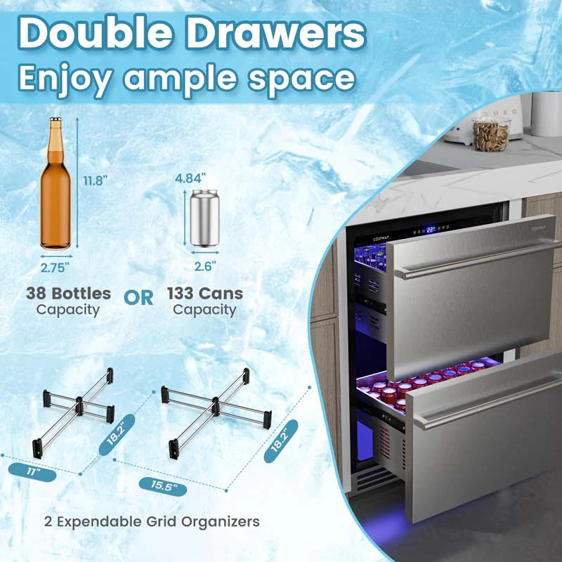 24" 4.9 Cu.Ft Dual Drawer Beverage Refrigerator, Built-in/Freestanding Undercounter Beverage Cooler with 37�H-64�H Temp Range for Home Commercial Use