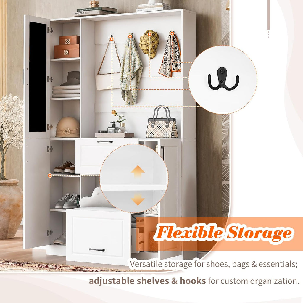 51.1''Hall Tree, Entryway Bench with Integrated Shoe Cabinet,3-in-1 Design, Mirrored Cabinet Door and Foldable Seat for Entrance, Living Room