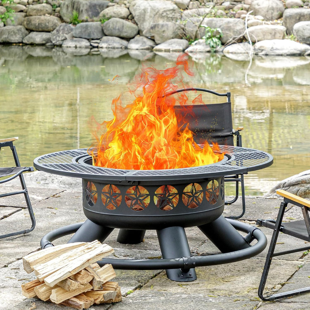 47 Inch Outdoor Fire Pit with 2 Grills  Extra Large BBQ Firepits for Outside  Metal Round Fire pits with Lid&Fire Poker 3 in 1 Wood Burning Outdoor Fireplaces for Backyard Patio Bonfire