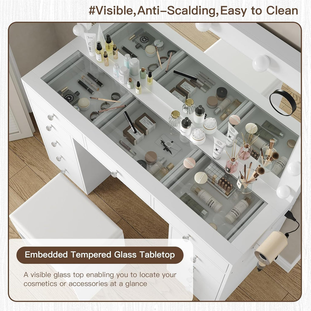 Vanity Desk & Power Outl, Makeup Vanity with Mirror and 12 LED Lights, Makeup Table with 11 Drawers, Vanity Table with Chair,Set 3 Lighting Modes Brightness Adjustable-(White)