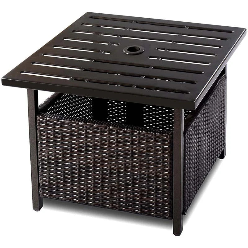 22" Rattan Wicker Steel Outdoor Patio Bistro Side Table Stand with 1.6" Umbrella Hole, Side Square Table for Deck Pool Garden