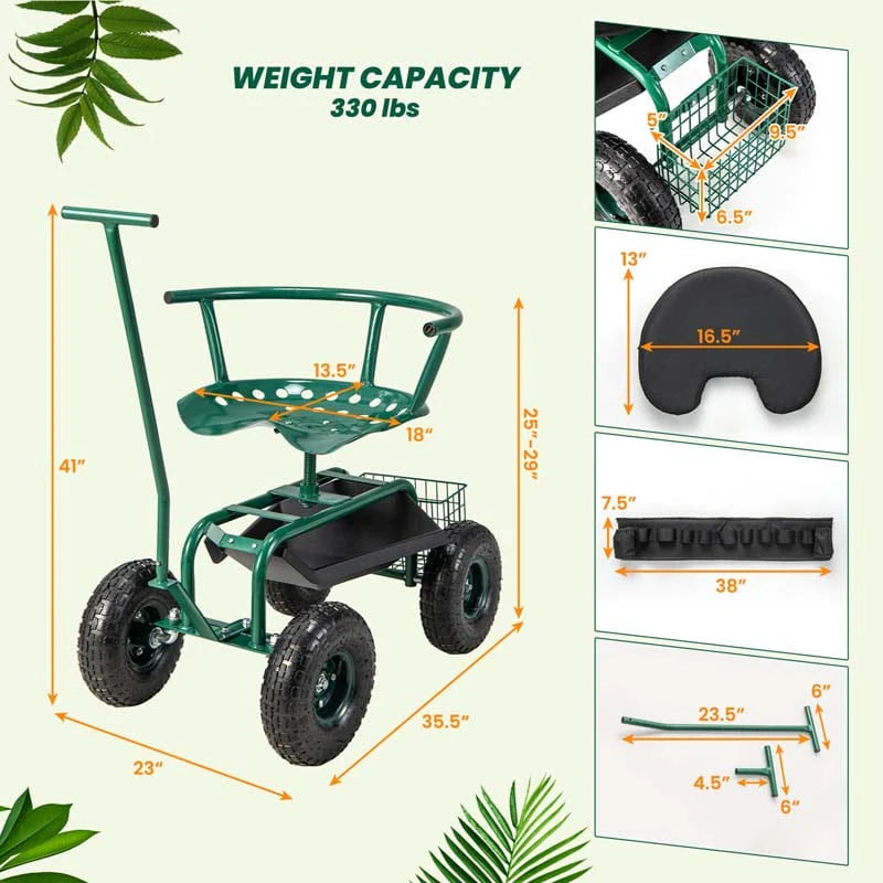 Green Rolling Garden Cart Workseat Garden Scooter with 360 Degree Swivel Cushioned Seat & Tool Storage, 2 Steering Handles