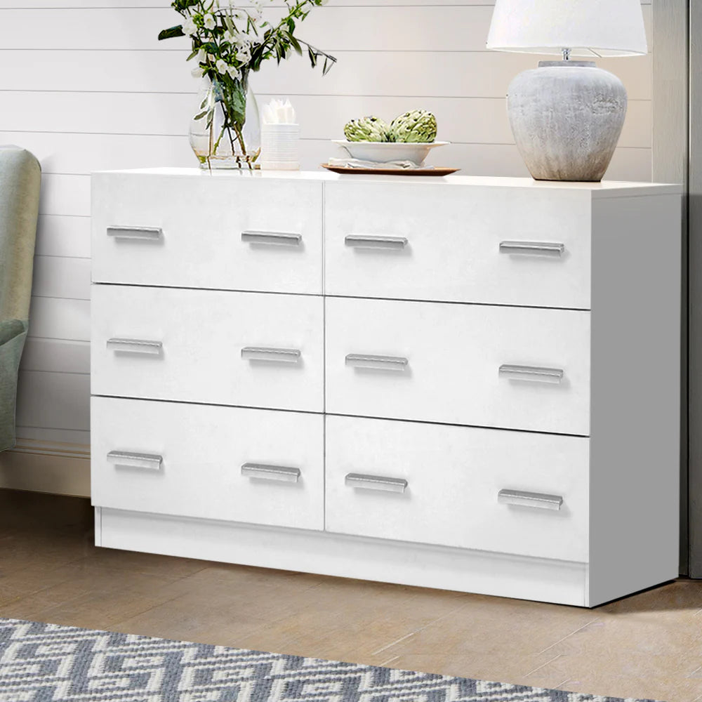Stylish White 6-Drawer Lowboy Chest - Artiss VEDA