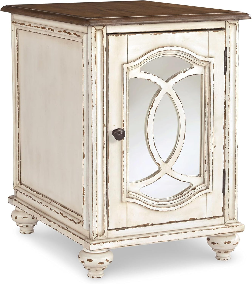 Signature Design by Ashley Realyn Farmhouse Chair Side End Table with Cabinet For Storage, Antique White & Brown