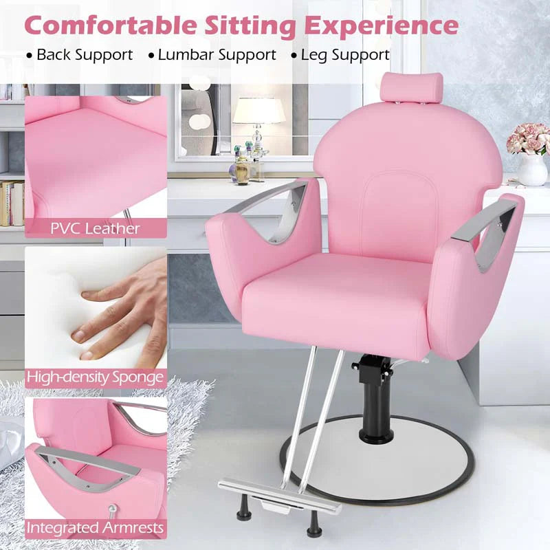 Reclining Barber Chair, 360�� Swivel Salon Chair with Heavy Duty Hydraulic Pump, Adjustable Height & Headrest for Hair Styling, Makeup, Tattoo