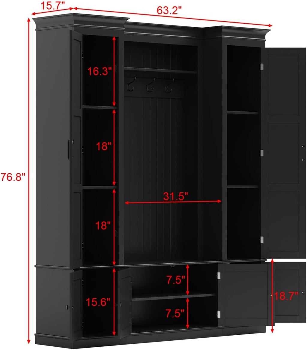 Large Hall Tree with Bench & Rattan Doors, 4-in-1 Entryway Coat Rack with Shoe Storage, 4 Hooks, Shelves, Mid-Century Shoe Bench for Hallway Mudroom, Black, 63.2��W x 15.7��D x 76.8��H