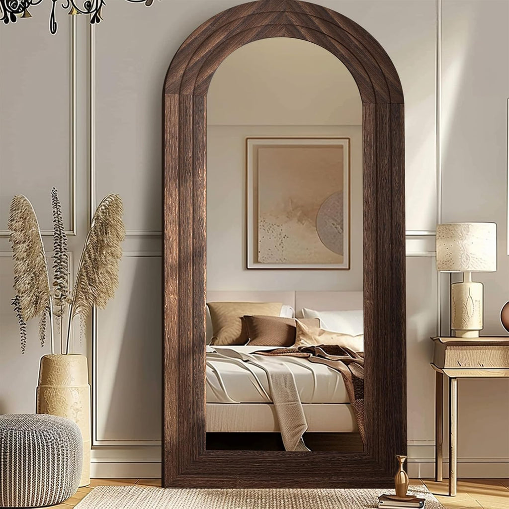 Arched Full Length Mirror with Solid Wood Frame, 71x32 Farmhouse Wall Mounted Floor Mirror with Stand, Vertical Hanging, Leaning Standing for Bedroom, Living Room, Brown