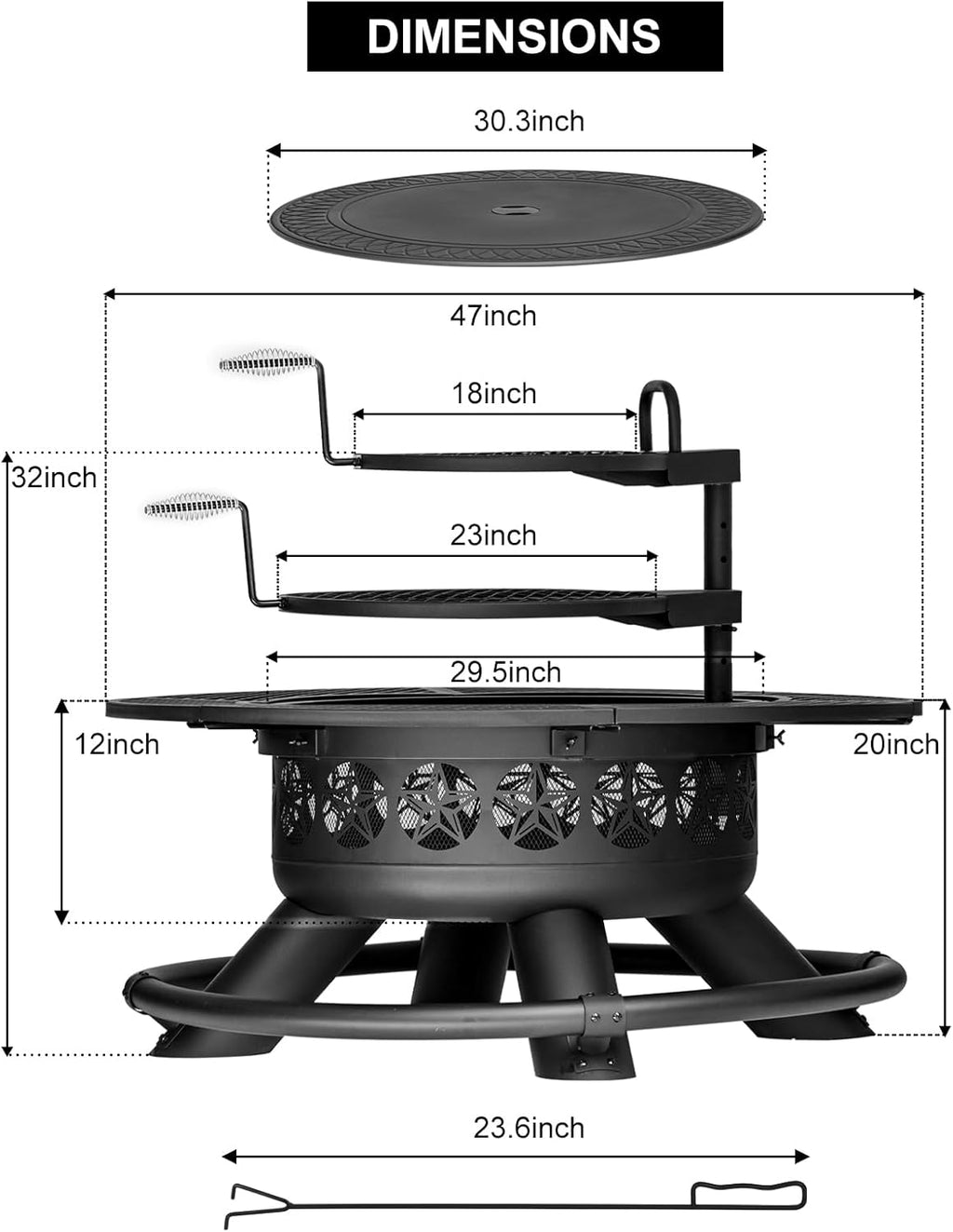 47 Inch Outdoor Fire Pit with 2 Grills  Extra Large BBQ Firepits for Outside  Metal Round Fire pits with Lid&Fire Poker 3 in 1 Wood Burning Outdoor Fireplaces for Backyard Patio Bonfire